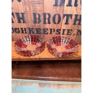 Vintage Set of 2 Matching Glass Ashtrays in Cranberry & Clear Colors